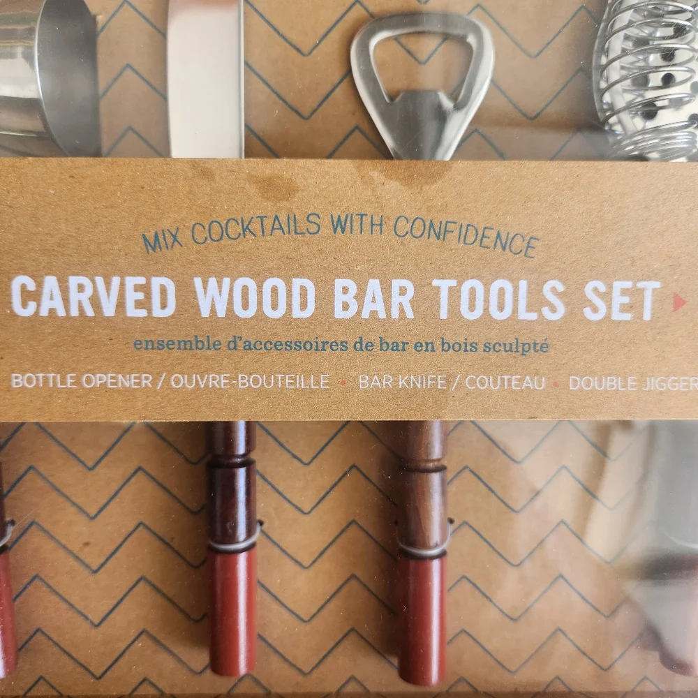 NWT West Elm 4 Piece Carved Wood Bar Ware Cocktail Bartender Tools